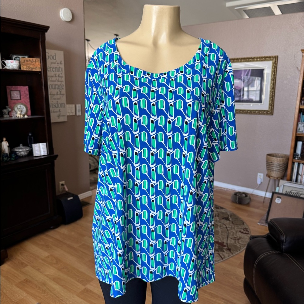 Anne Klein blue & green short sleeves scoop neck knit blouse-size XXL